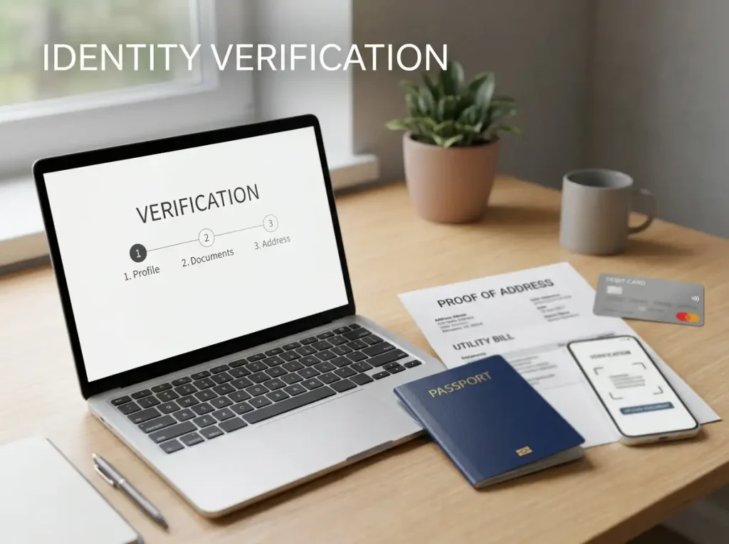 Desk with identity documents, a smartphone showing a generic verification form and a bank card placed beside a laptop