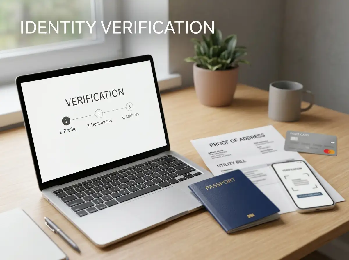 Desk with identity documents, a smartphone showing a generic verification form and a bank card placed beside a laptop