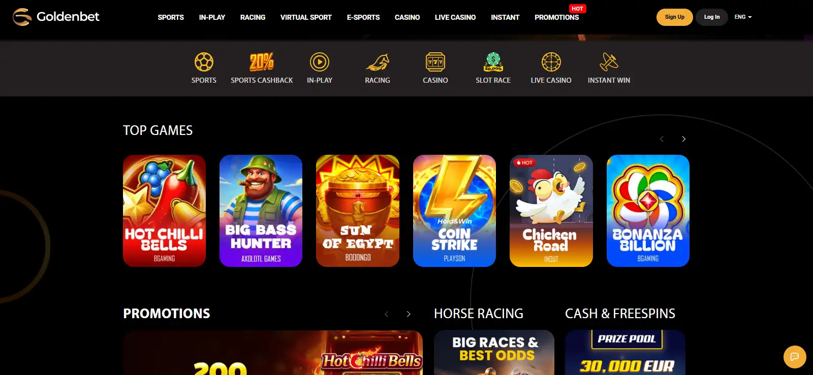 Goldenbet English-language homepage displayed in a desktop browser
