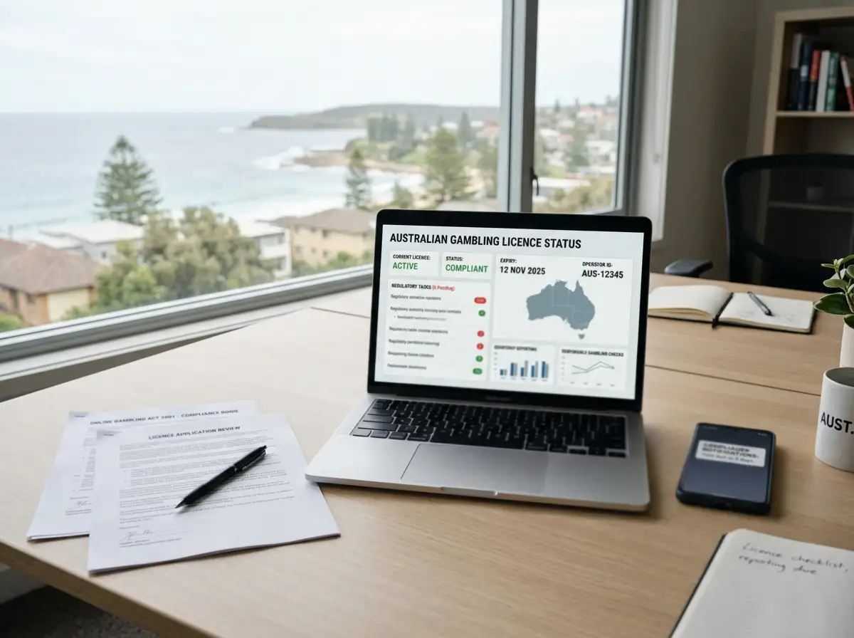 Desk with a laptop showing a generic compliance dashboard beside legal papers and a phone
