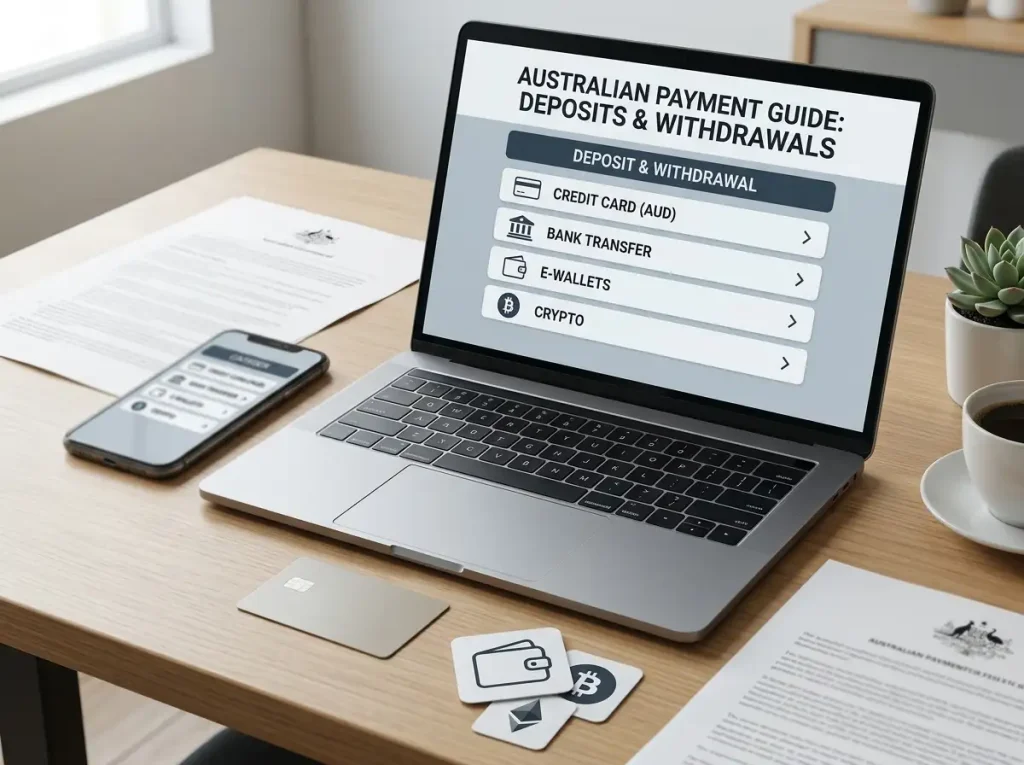 Phone and laptop showing a generic payment menu beside a bank card and cryptocurrency symbols