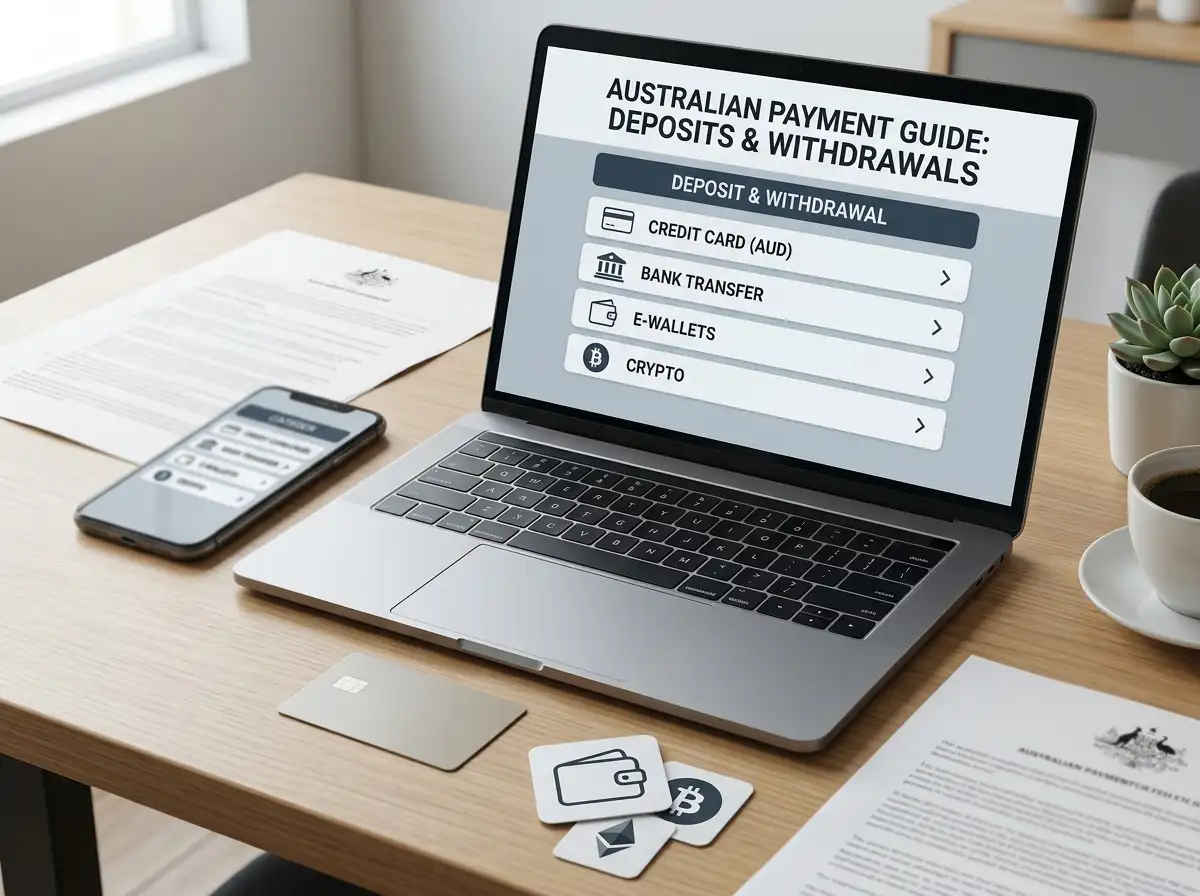 Phone and laptop showing a generic payment menu beside a bank card and cryptocurrency symbols