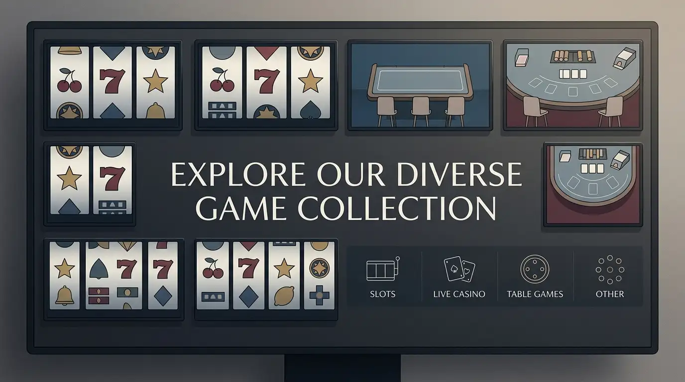 Abstract casino lobby with slot tiles, live table screens and category icons
