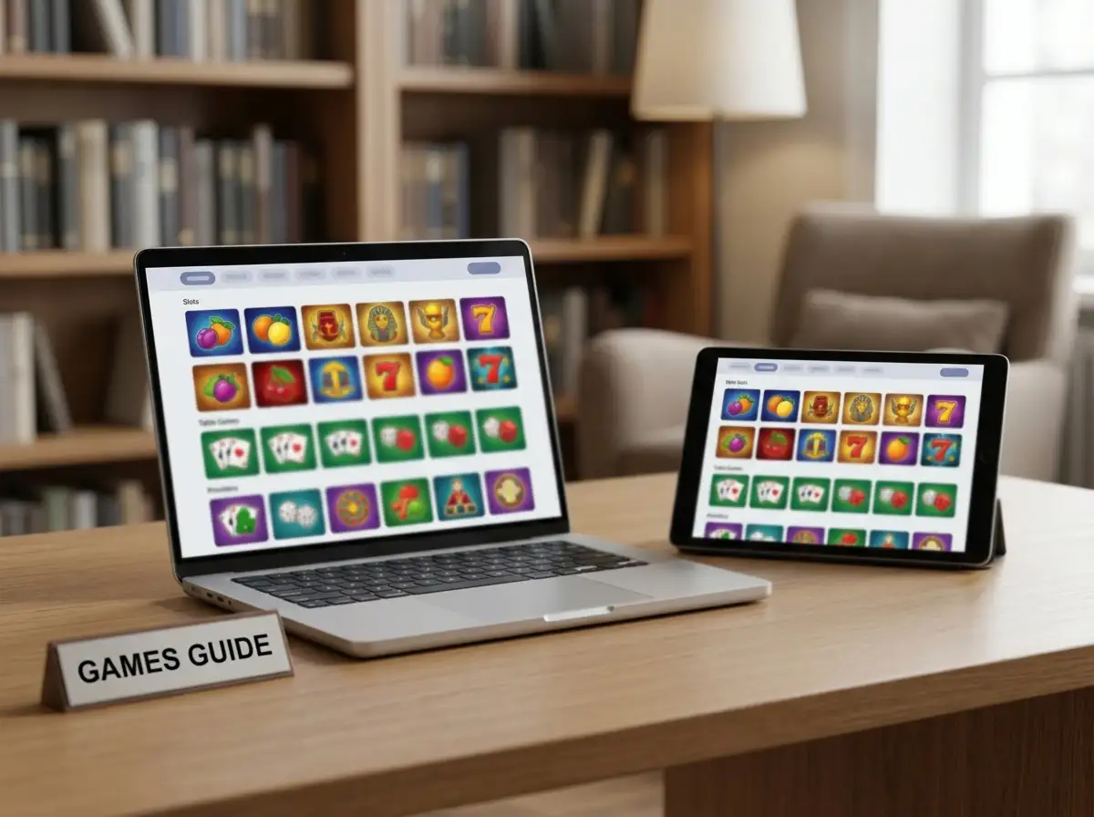 Laptop and tablet displaying a generic casino game library with rows of slot and table-game tiles