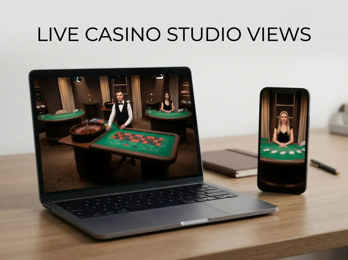 Modern live-dealer studio with roulette and card tables viewed on a laptop and phone
