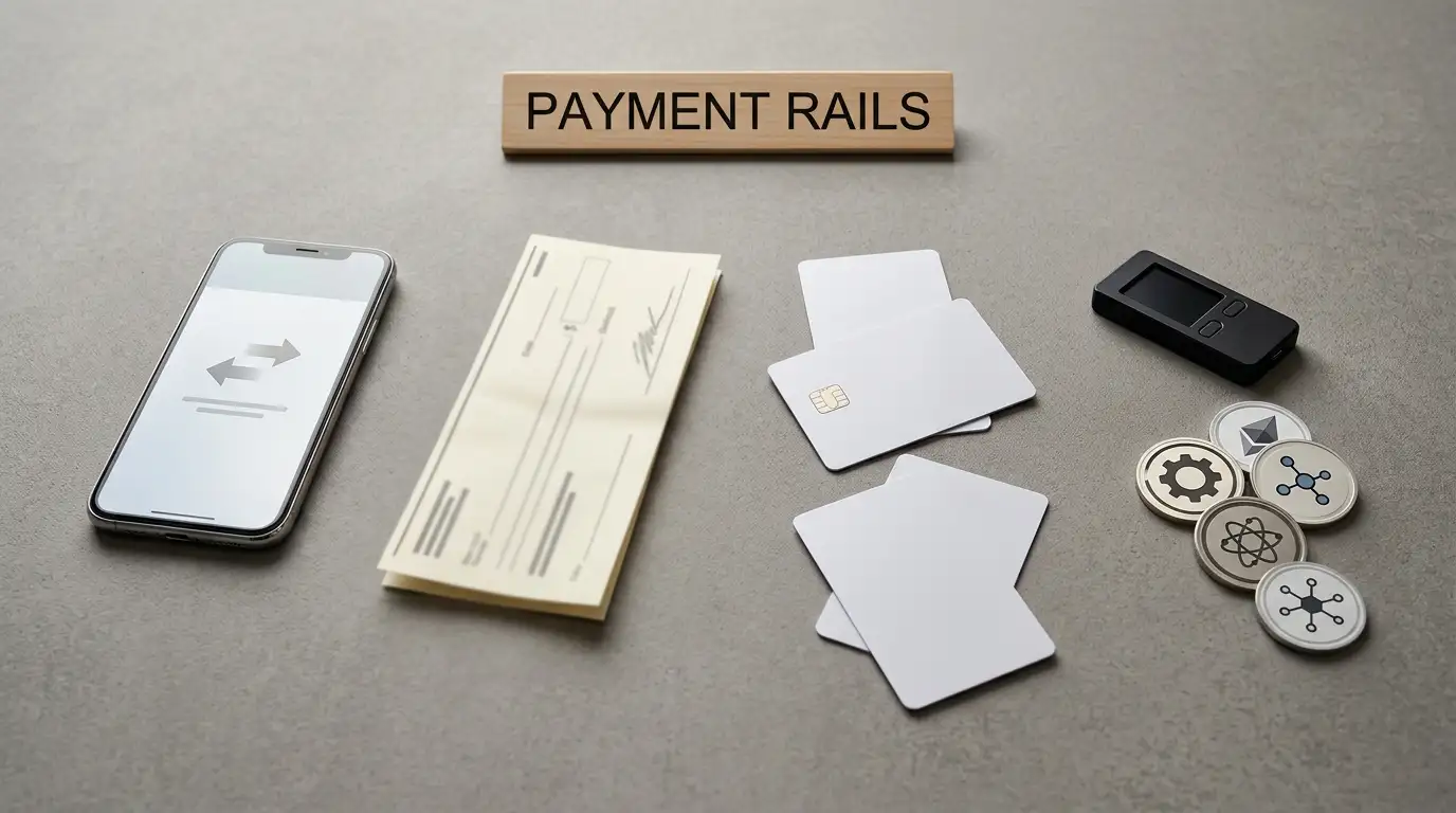 Phone beside payment cards, a bank-transfer document and abstract cryptocurrency tokens