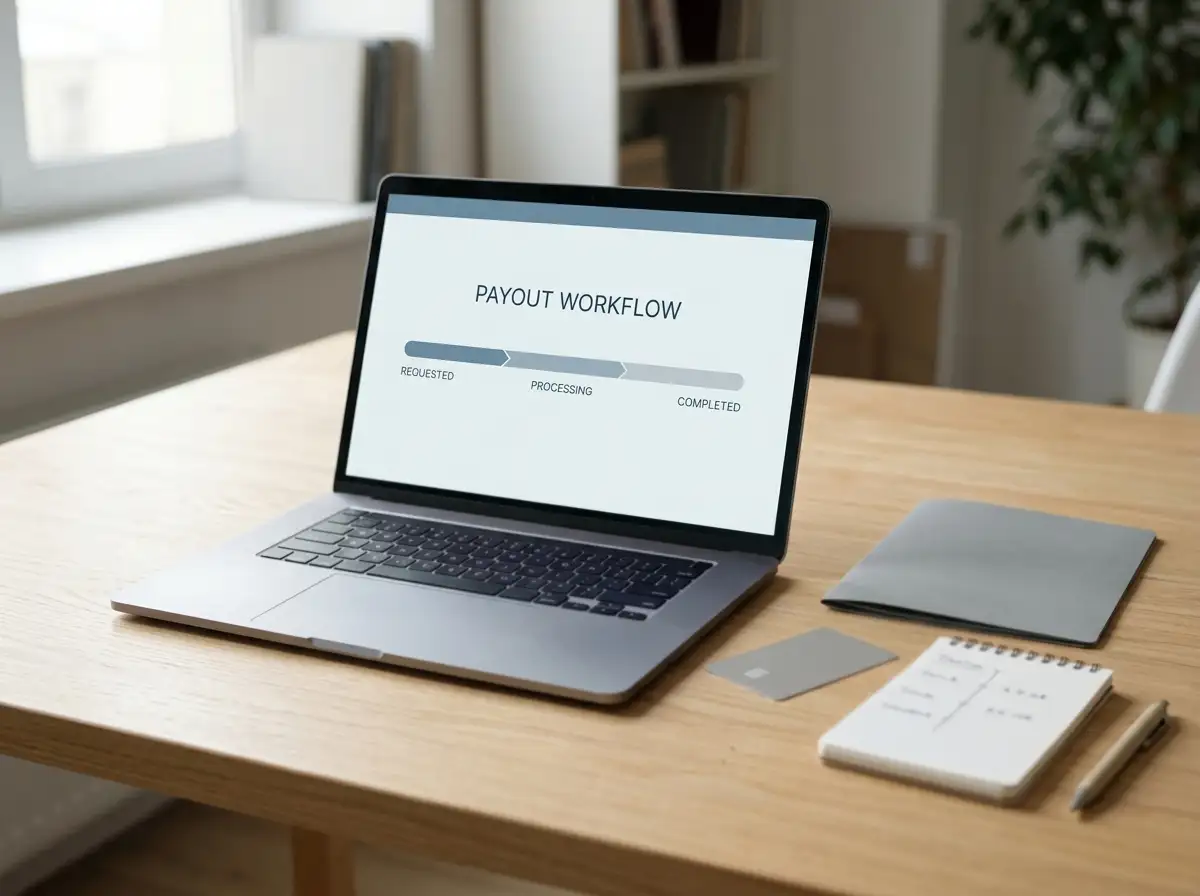 Laptop beside identity documents and a payment card with a simple payout workflow shown on screen